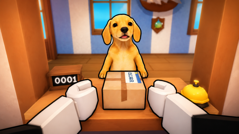 Official Mail Simulator experience media showing a customer package with an exterior name label